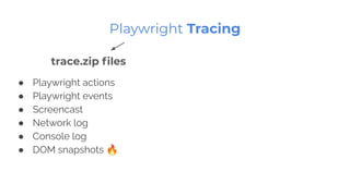 ● Playwright actions
● Playwright events
● Screencast
● Network log
● Console log
● DOM snapshots 🔥
Playwright Tracing
trace.zip ﬁles
 