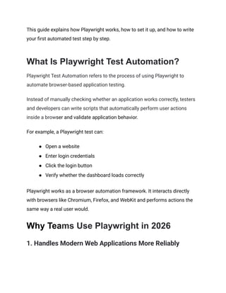 quickstart guide to using playwright with java for web... Playwright Test Automation_ A Step by Step Guide (2026) | PDF