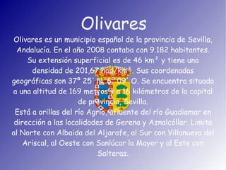 Olivares Olivares es un municipio español de la provincia de Sevilla, Andalucía. En el año 2008 contaba con 9.182 habitantes. Su extensión superficial es de 46 km² y tiene una densidad de 201,67 hab/km². Sus coordenadas geográficas son 37º 25' N, 6º 09' O. Se encuentra situada a una altitud de 169 metros y a 16 kilómetros de la capital de provincia, Sevilla. Está a orillas del río Agrio, afluente del río Guadiamar en dirección a las localidades de Gerena y Aznalcóllar. Limita al Norte con Albaida del Aljarafe, al Sur con Villanueva del Ariscal, al Oeste con Sanlúcar la Mayor y al Este con Salteras. 