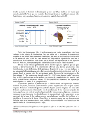 Juan Felipe Velázquez Ruiz 19
abuelos y padres lo hicieron en Guadalajara, y casi un 45% a partir de los padres que,
sumados, daría 75.3% de que sus parientes directos ya vivían en Guadalajara cuando ellos
(la población representada en la encuesta) nacieron, según la ilustración 11.
Ilustración 1031
Ilustración 11
Fuente: Elaboración propia Fuente: Elaboración propia
Sobre las ilustraciones 10 y 11 podemos decir que varias generaciones estuvieron
viviendo en los lugares de Guadalajara. Esto nos habla, por el momento, de una estancia
temporal de dos o más generaciones en Guadalajara por parte de un porcentaje considerable
de la población; esto como se verá, tendrá una importancia significativa tanto en la
construcción de la identidad local como en el proceso de significación de los espacios
públicos. Para ello, también se requiere tiempo en su consolidación y trascendencia…
El que exista estancia generacional en un mismo lugar, no significa que de igual
manera se dé la transmisión de la información sobre un tema de una generación a otra.
Entre la mitad o más de la mitad de la población desconoció lo que vivió sus padres o lo
que añoran de la Guadalajara de antes. La transmisión del conocimiento (historia oral) de la
historia local, al menos entre los encuestados según demostró la investigación, en las
ilustraciones 12 (“los lugares que añora la madre”) y 13 (“lo que añora el padre”), entre un
50 y un 60%, por lo menos, se ha perdido ese cúmulo de conocimientos del pasado, cada
nueva generación crea su propia historia. El desconocimiento respecto a los lugares que
añoró el padre o la madre es un ejemplo de ello.
Aquella otra parte de la población que sí conoció sobre los lugares que añoran o
añoraron sus padres, destaca el centro histórico y se ha erigido como todo un gran icono o
conjunto de iconos conformado por los distintos lugares que lo integran; por otro lado,
destacan aquellos espacios relacionados con la cotidianidad de las personas: el jardín del
barrio, aquel que está junto al templo al que van todos los domingos, el parque o plaza más
cercana, si es que tiene una. Los demás lugares se van perdiendo en los recuerdos y lo que
logró salir de la boca de los padres para ser escuchado por los oídos de los hijos, y es
retenido en la memoria de éstos. Ahora bien, lo anterior puede ser una interpretación
limitada, pues no se toma en cuenta otras variables no contempladas en el tema como son
las diferencias de valores entre padres e hijos.
31
En varias ilustraciones como gráficas o cuadros aparece las siglas: ns /nc ó Ns / Nc, significa “no sabe / no
contestó”.
0.25
0.75
1
2
3
9
12
72
0 20 40 60 80
Otro lugar
Tlaquepaque
Extranjero
Tonalá
Zapopan
Resto de México
Resto del Estado
Aquí siempre
¿Antes de vivir en Guadalajara dónde
vivías? (%)
44.8
35
3.1 16.1
0.6
¿Algunos de tus padres y
abuelos vivieron en
Guadalajara? (%)
Padres
Ambos (padres
y abuelos)
Abuelos
Ninguno
 
