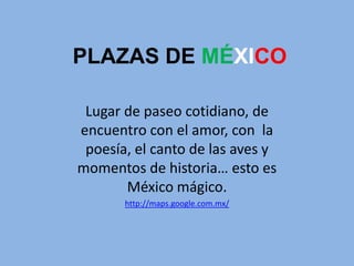 PLAZAS DE MÉXICO

 Lugar de paseo cotidiano, de
encuentro con el amor, con la
 poesía, el canto de las aves y
momentos de historia… esto es
       México mágico.
       http://maps.google.com.mx/
 