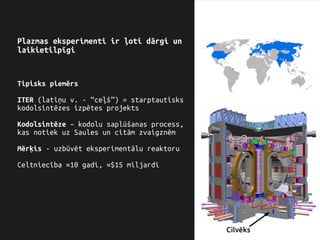 Plazmas eksperimenti ir ļoti dārgi un
laikietilpīgi
Tipisks piemērs
ITER (latīņu v. - “ceļš”) = starptautisks
kodolsintēzes izpētes projekts
Kodolsintēze – kodolu saplūšanas process,
kas notiek uz Saules un citām zvaigznēm
Mērķis - uzbūvēt eksperimentālu reaktoru
Celtniecība ≈10 gadi, ≈$15 miljardi
Cilvēks
 