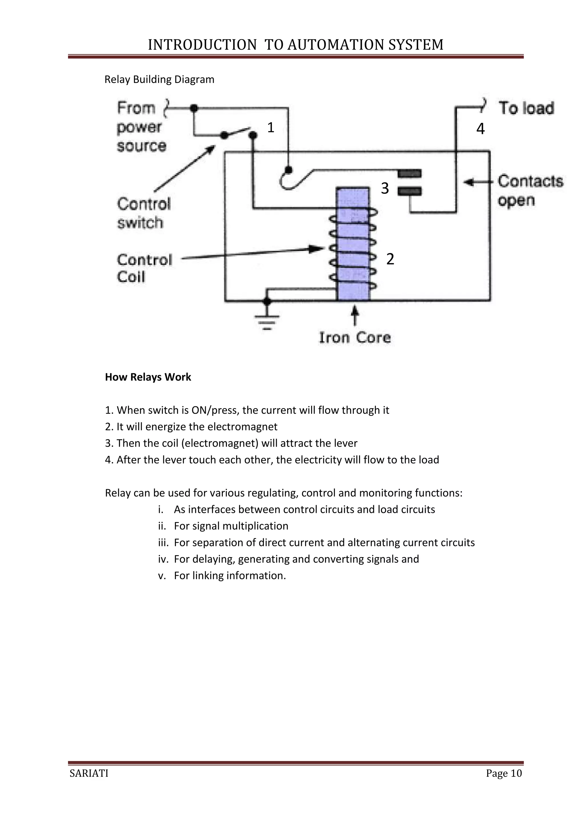 INTRODUCTION TO AUTOMATION SYSTEM

      Relay Building Diagram



                                         1                                                4


                                                                  3



                                                                    2




      How Relays Work

      1. When switch is ON/press, the current will flow through it
      2. It will energize the electromagnet
      3. Then the coil (electromagnet) will attract the lever
      4. After the lever touch each other, the electricity will flow to the load

      Relay can be used for various regulating, control and monitoring functions:
                 i. As interfaces between control circuits and load circuits
                 ii. For signal multiplication
                 iii. For separation of direct current and alternating current circuits
                 iv. For delaying, generating and converting signals and
                 v. For linking information.




SARIATI                                                                                       Page 10
 