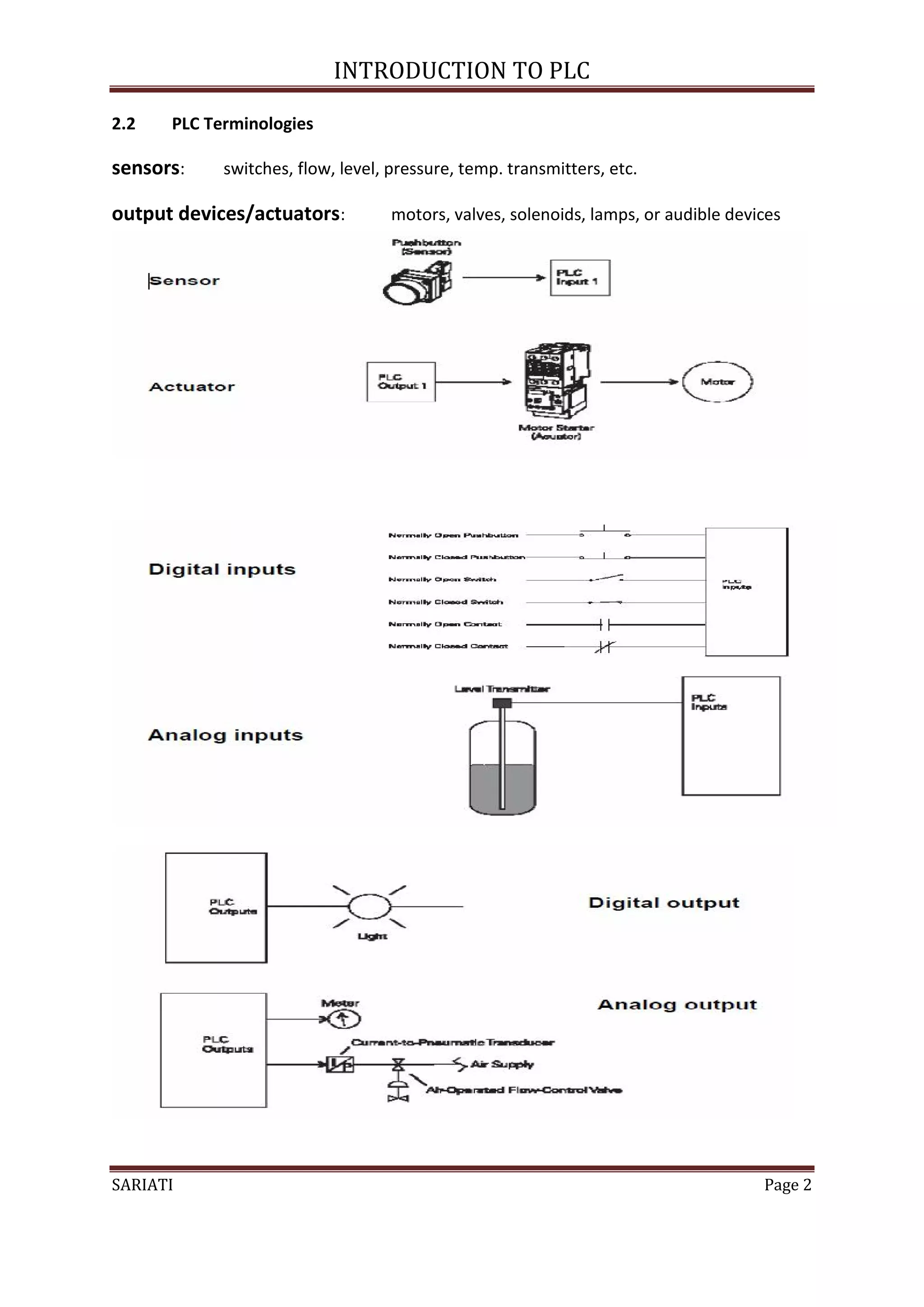 INTRODUCTION TO PLC

2.2   PLC Terminologies

sensors:    switches, flow, level, pressure, temp. transmitters, etc.

output devices/actuators:          motors, valves, solenoids, lamps, or audible devices




SARIATI                                                                             Page 2
 