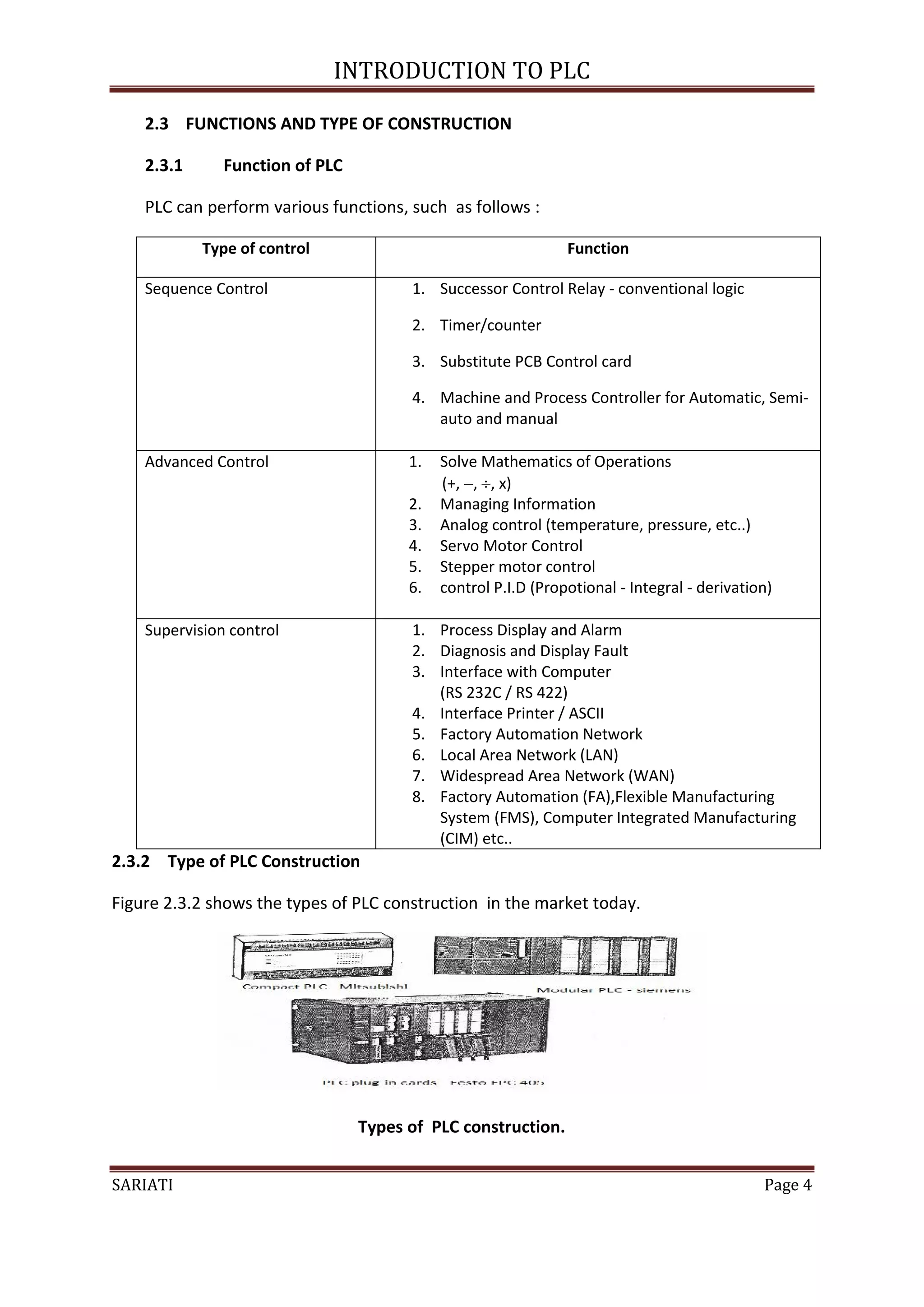 INTRODUCTION TO PLC

    2.3 FUNCTIONS AND TYPE OF CONSTRUCTION

    2.3.1      Function of PLC

    PLC can perform various functions, such as follows :

            Type of control                                    Function

    Sequence Control                   1. Successor Control Relay - conventional logic

                                       2. Timer/counter

                                       3. Substitute PCB Control card

                                       4. Machine and Process Controller for Automatic, Semi-
                                          auto and manual

    Advanced Control                   1.   Solve Mathematics of Operations
                                            (+, , , x)
                                       2.   Managing Information
                                       3.   Analog control (temperature, pressure, etc..)
                                       4.   Servo Motor Control
                                       5.   Stepper motor control
                                       6.   control P.I.D (Propotional - Integral - derivation)

    Supervision control                1. Process Display and Alarm
                                       2. Diagnosis and Display Fault
                                       3. Interface with Computer
                                          (RS 232C / RS 422)
                                       4. Interface Printer / ASCII
                                       5. Factory Automation Network
                                       6. Local Area Network (LAN)
                                       7. Widespread Area Network (WAN)
                                       8. Factory Automation (FA),Flexible Manufacturing
                                          System (FMS), Computer Integrated Manufacturing
                                          (CIM) etc..
2.3.2 Type of PLC Construction

Figure 2.3.2 shows the types of PLC construction in the market today.




                                 Types of PLC construction.


SARIATI                                                                                      Page 4
 