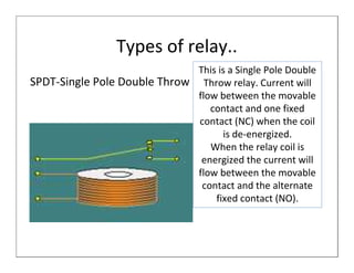Types of relay..
                              This is a Single Pole Double
SPDT-Single Pole Double Throw Throw relay. Current will
                              flow between the movable
                                 contact and one fixed
                              contact (NC) when the coil
                                    is de-energized.
                                 When the relay coil is
                               energized the current will
                              flow between the movable
                               contact and the alternate
                                  fixed contact (NO).
 