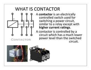 WHAT IS CONTACTOR
       A contactor is an electrically
         controlled switch used for
         switching a power circuit,
         similar to a relay except with
         higher current ratings.
       A contactor is controlled by a
         circuit which has a much lower
         power level than the switched
                                circuit.
 