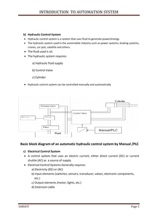 INTRODUCTION TO AUTOMATION SYSTEM




   b) Hydraulic Control System
    Hydraulic control system is a system that uses fluid to generate power/energy.
    The hydraulic system used in the automobile industry such as power systems, braking systems,
     cranes, car jack, satellite and others.
    The fluid used is oil.
    The hydraulic system requires:

          a) Hydraulic fluid supply

          b) Control Valve

          c) Cylinder

    Hydraulic control system can be controlled manually and automatically




 Basic block diagram of an automatic hydraulic control system by Manual /PLC
   c) Electrical Control System
     A control system that uses an electric current; either direct current (DC) or current
      shuttle (AC) as a source of supply.
     Electrical Control Systems Generally requires:
         a) Electricity (DC) or (AC)
         b) Input elements (switches, sensors, transducer, valves, electronic components,
            etc.)
         c) Output elements (motor, lights, etc.)
         d) Extension cable




SARIATI                                                                                   Page 5
 