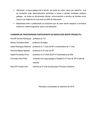 •   Utilizarase a lingua galega oral e escrita por parte do centro, tanto nas relacións   que
       se manteñan coas administracións territoriais e locais e demáis entidades públicas
       galegas, en todos os documentos oficiais, comunicacións e escritos ás familias como
       indica a Lei Orgánica do 3 de maio do 2006 de Educación.

   •   Repartirase entre o profesorado as variacións que se vaian dando respecto a normativa
       vixente en materia lingüística, para a súa aplicación.



COMISIÓN DE PROFESORADO PARTICIPANTE NA REDACCIÓN DESTE PROXECTO :

Ana Mª Carrera Rodríguez profesora en E.I.

Beatriz González Alfaro     profesora de Inglés

Isabel Rodríguez Martínez profesora no 1º ciclo de EP e coordinadora do 1º ciclo.

Arancha Míguez Iglesias     profesora no 2º ciclo da EP

Isabel Fernández Picos      profesora no 3º Ciclo da EP e Coordinadora de EDL

Consuelo Ucha Peña           profesora de Lingua galega e Castelá no 3º ciclo da EP e xefa de

                             estudos

Rosa Mª Furelos León         adscrita ao 3º ciclo da educación Primaria e directora




                                    Revisado e actualizado en setembro de 2010
 