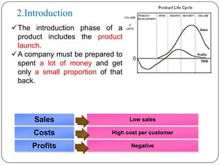 2.Introduction
The introduction phase of a
 product includes the product
 launch.
A company must be prepared to
 spent a lot of money and get
 only a small proportion of that
 back.




      Sales                        Low sales

      Costs                 High cost per customer

     Profits                       Negative
 
