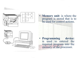 • Memory unit: is where the
  program is stored that is to
  be used for control actions.




• Programming       device:
  is used to entered the
  required program into the
  memory of the processor.
 