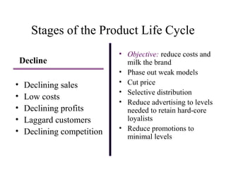 Stages of the Product Life Cycle
Decline
• Declining sales
• Low costs
• Declining profits
• Laggard customers
• Declining competition
• Objective: reduce costs and
milk the brand
• Phase out weak models
• Cut price
• Selective distribution
• Reduce advertising to levels
needed to retain hard-core
loyalists
• Reduce promotions to
minimal levels
 