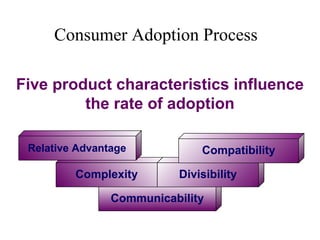Consumer Adoption Process
Communicability
Five product characteristics influence
the rate of adoption
Complexity
Relative Advantage
Divisibility
Compatibility
 