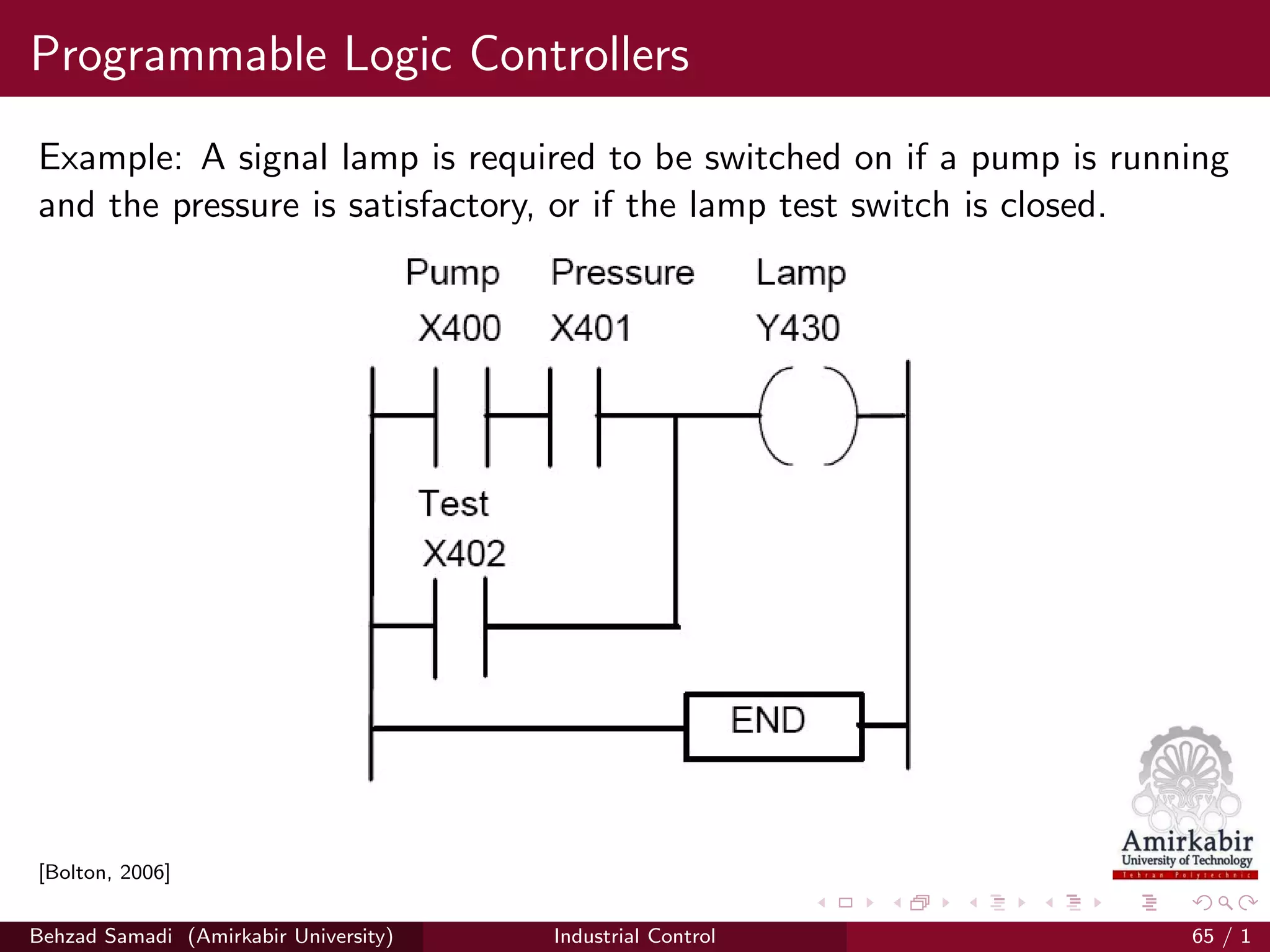 Programmable Logic Controllers
Example: A signal lamp is required to be switched on if a pump is running
and the pressure is satisfactory, or if the lamp test switch is closed.
[Bolton, 2006]
Behzad Samadi (Amirkabir University) Industrial Control 65 / 1
 