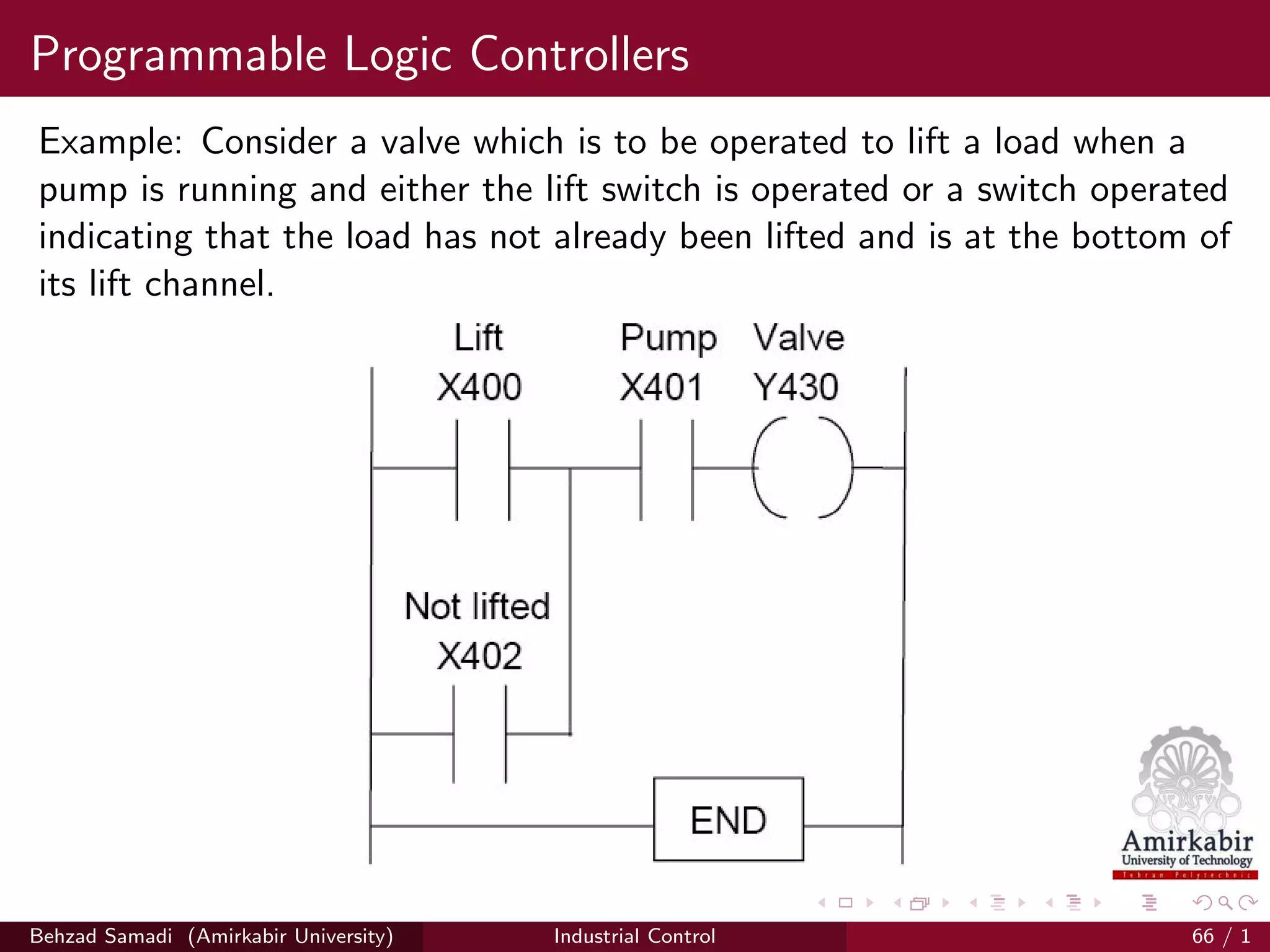 Programmable Logic Controllers
Example: Consider a valve which is to be operated to lift a load when a
pump is running and either the lift switch is operated or a switch operated
indicating that the load has not already been lifted and is at the bottom of
its lift channel.
[Bolton, 2006]Behzad Samadi (Amirkabir University) Industrial Control 66 / 1
 