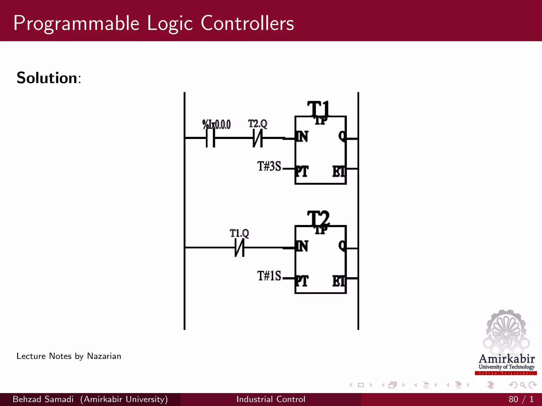 Programmable Logic Controllers
Solution:
Lecture Notes by Nazarian
Behzad Samadi (Amirkabir University) Industrial Control 80 / 1
 