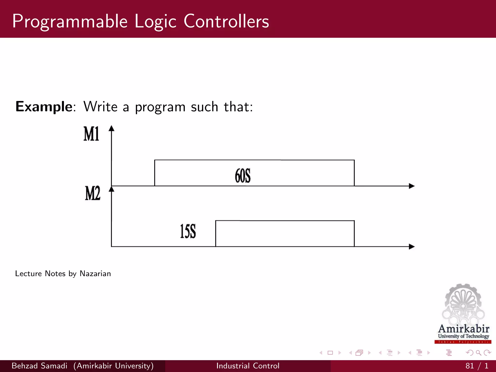 Programmable Logic Controllers
Example: Write a program such that:
Lecture Notes by Nazarian
Behzad Samadi (Amirkabir University) Industrial Control 81 / 1
 