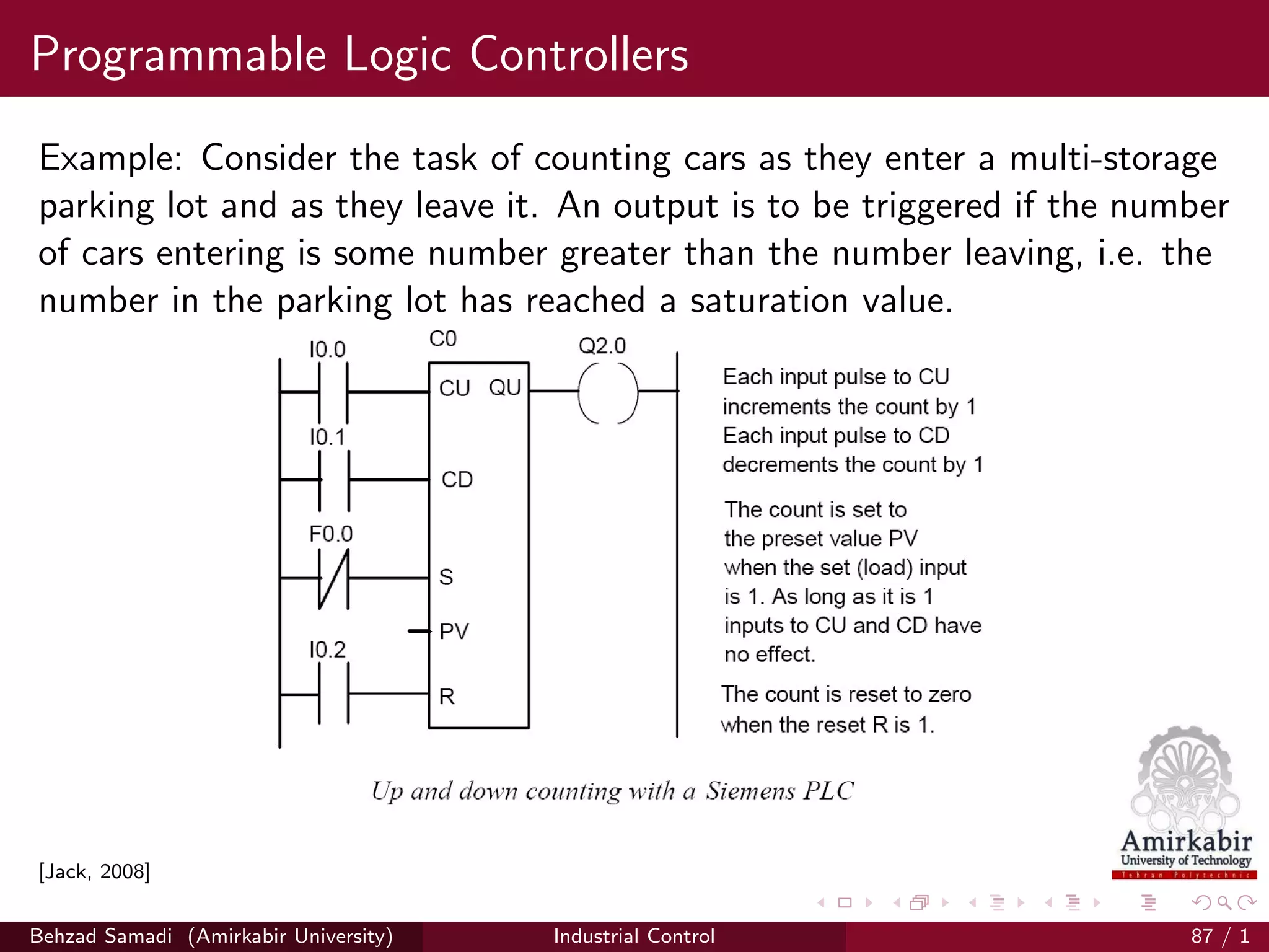 Programmable Logic Controllers
Example: Consider the task of counting cars as they enter a multi-storage
parking lot and as they leave it. An output is to be triggered if the number
of cars entering is some number greater than the number leaving, i.e. the
number in the parking lot has reached a saturation value.
[Jack, 2008]
Behzad Samadi (Amirkabir University) Industrial Control 87 / 1
 