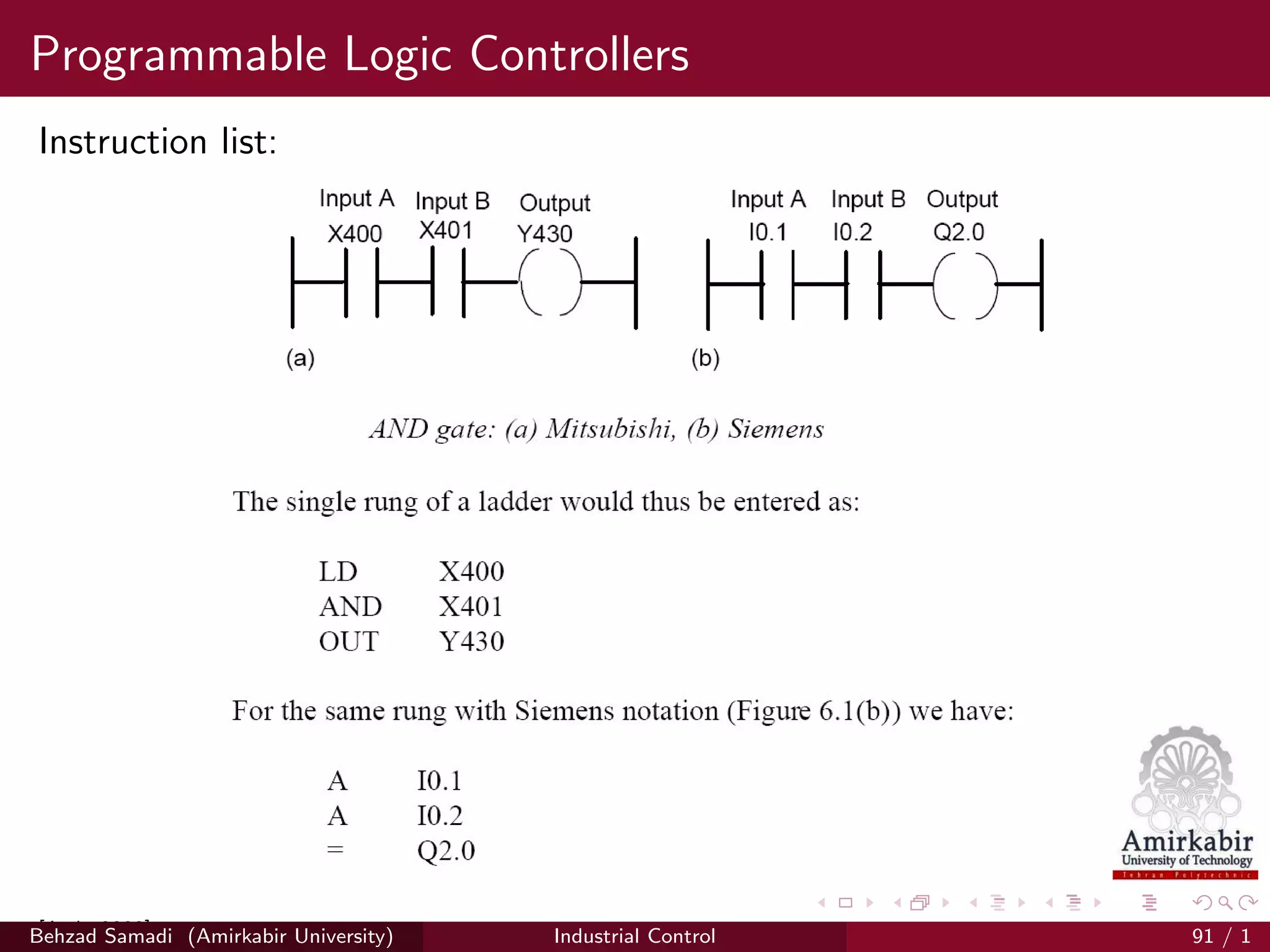 Programmable Logic Controllers
Instruction list:
[Jack, 2008]Behzad Samadi (Amirkabir University) Industrial Control 91 / 1
 