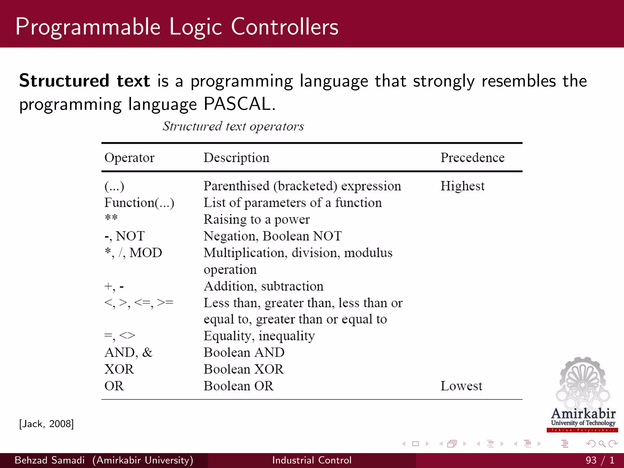 Programmable Logic Controllers
Structured text is a programming language that strongly resembles the
programming language PASCAL.
[Jack, 2008]
Behzad Samadi (Amirkabir University) Industrial Control 93 / 1
 