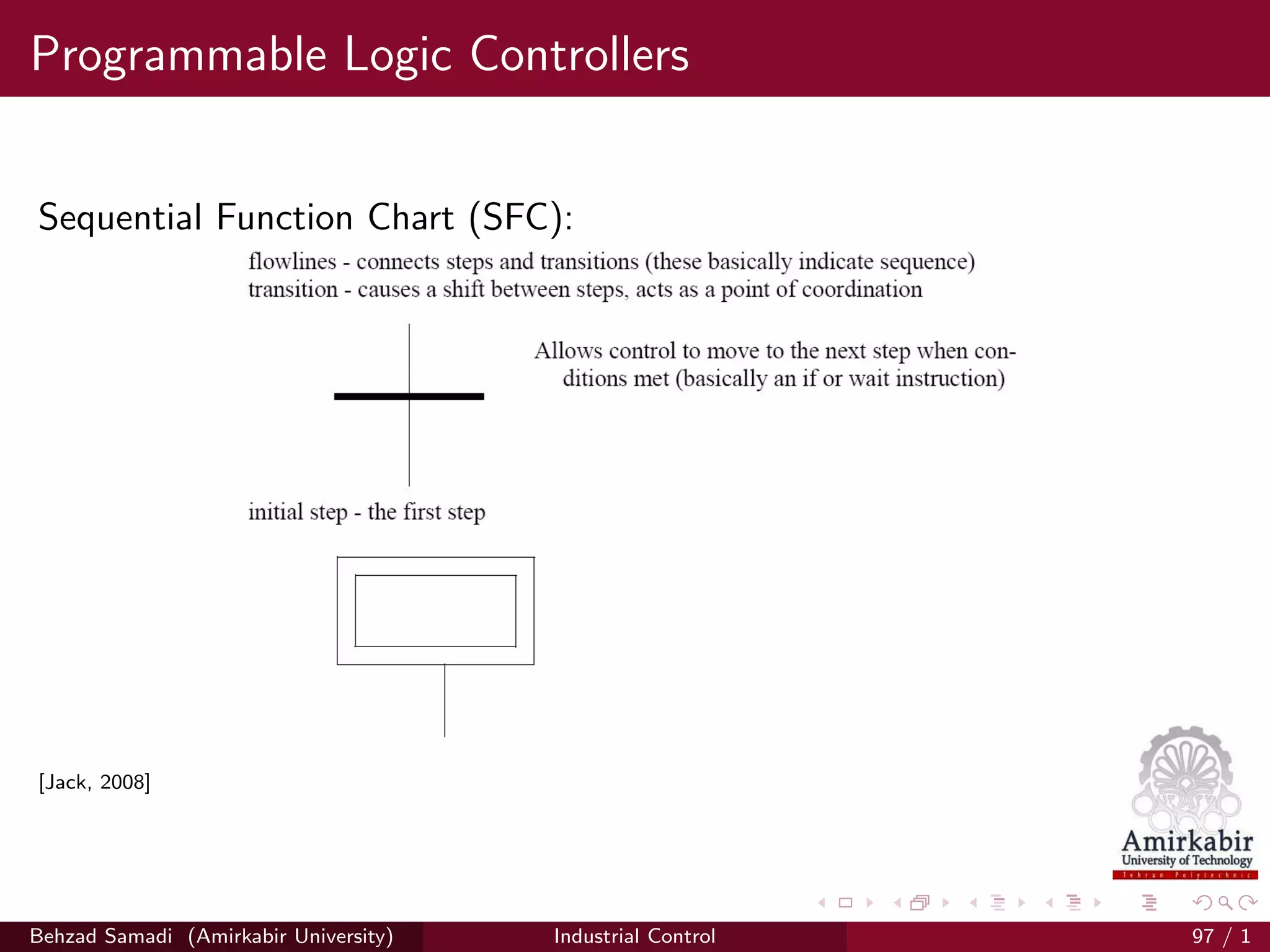 Programmable Logic Controllers
Sequential Function Chart (SFC):
[Jack, 2008]
Behzad Samadi (Amirkabir University) Industrial Control 97 / 1
 