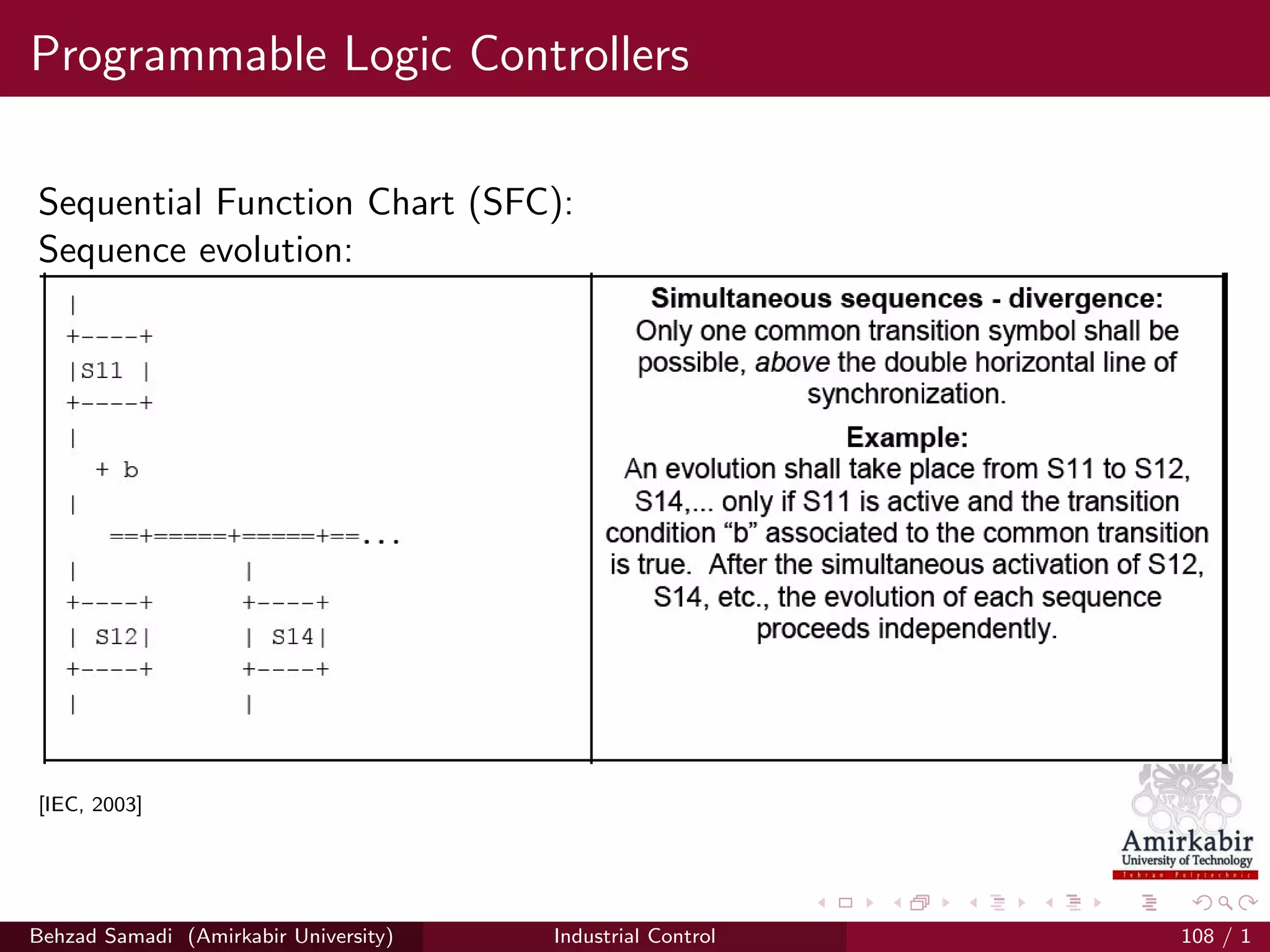 Programmable Logic Controllers
Sequential Function Chart (SFC):
Sequence evolution:
[IEC, 2003]
Behzad Samadi (Amirkabir University) Industrial Control 108 / 1
 