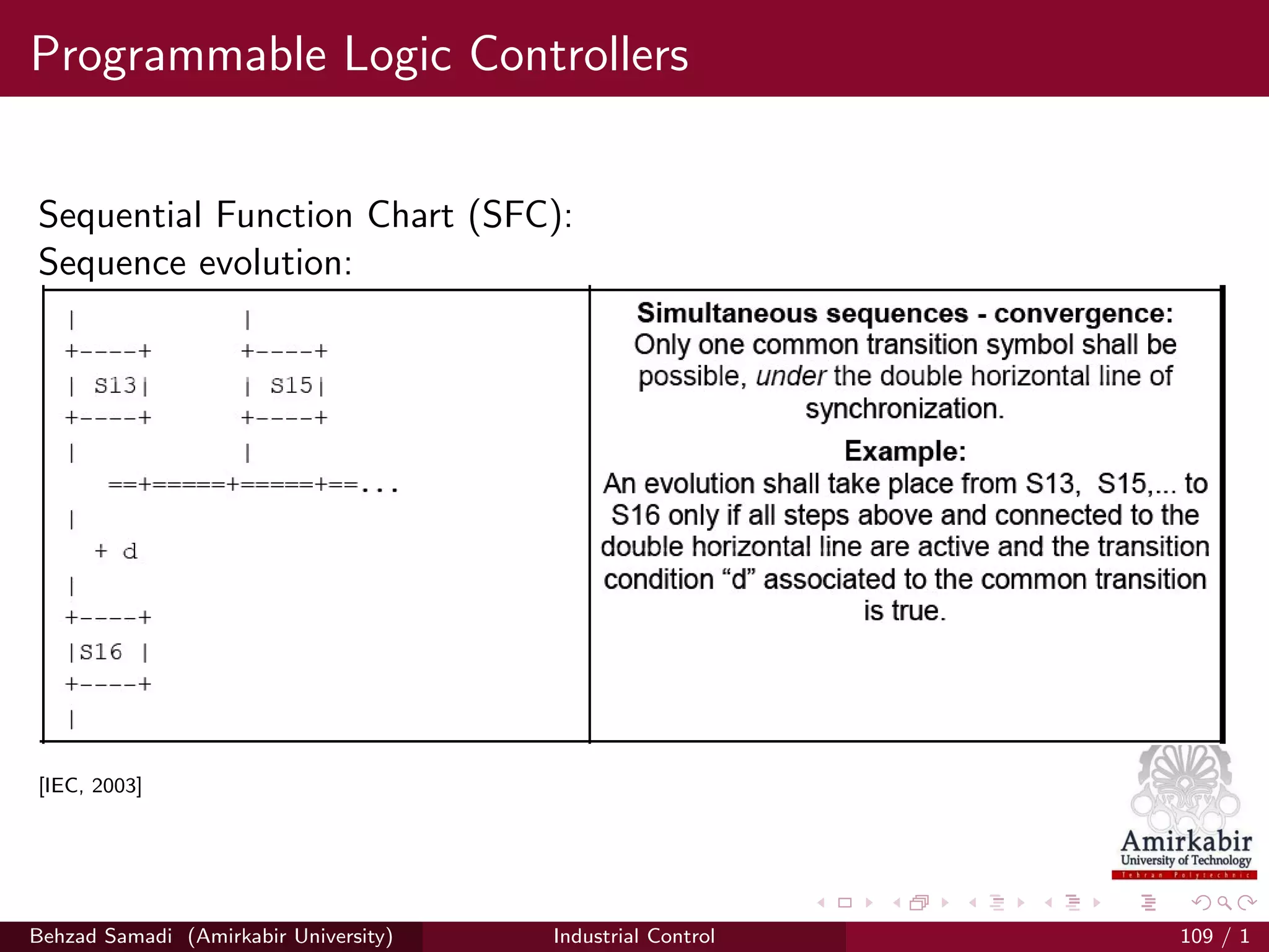 Programmable Logic Controllers
Sequential Function Chart (SFC):
Sequence evolution:
[IEC, 2003]
Behzad Samadi (Amirkabir University) Industrial Control 109 / 1
 