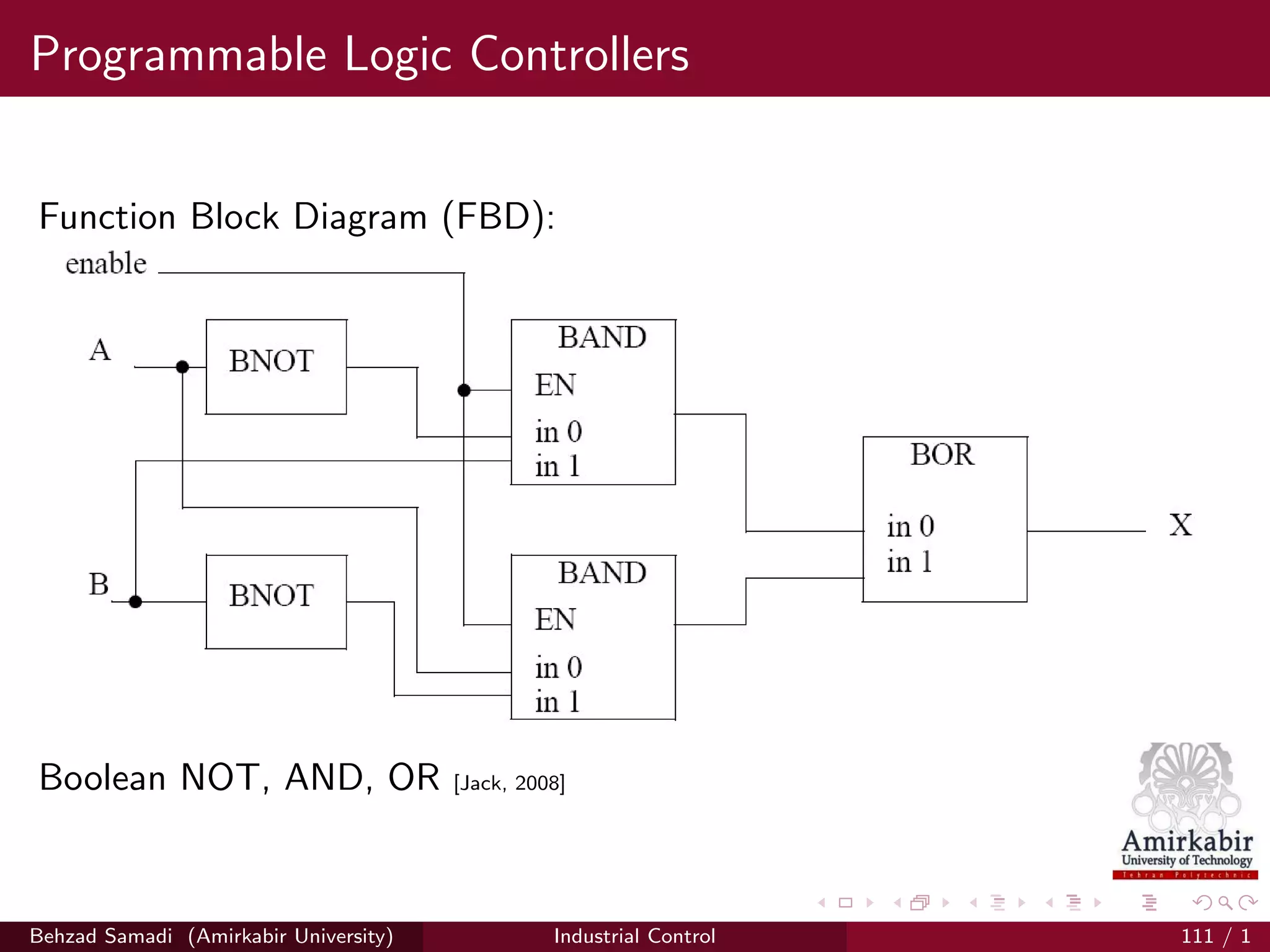 Programmable Logic Controllers
Function Block Diagram (FBD):
Boolean NOT, AND, OR [Jack, 2008]
Behzad Samadi (Amirkabir University) Industrial Control 111 / 1
 