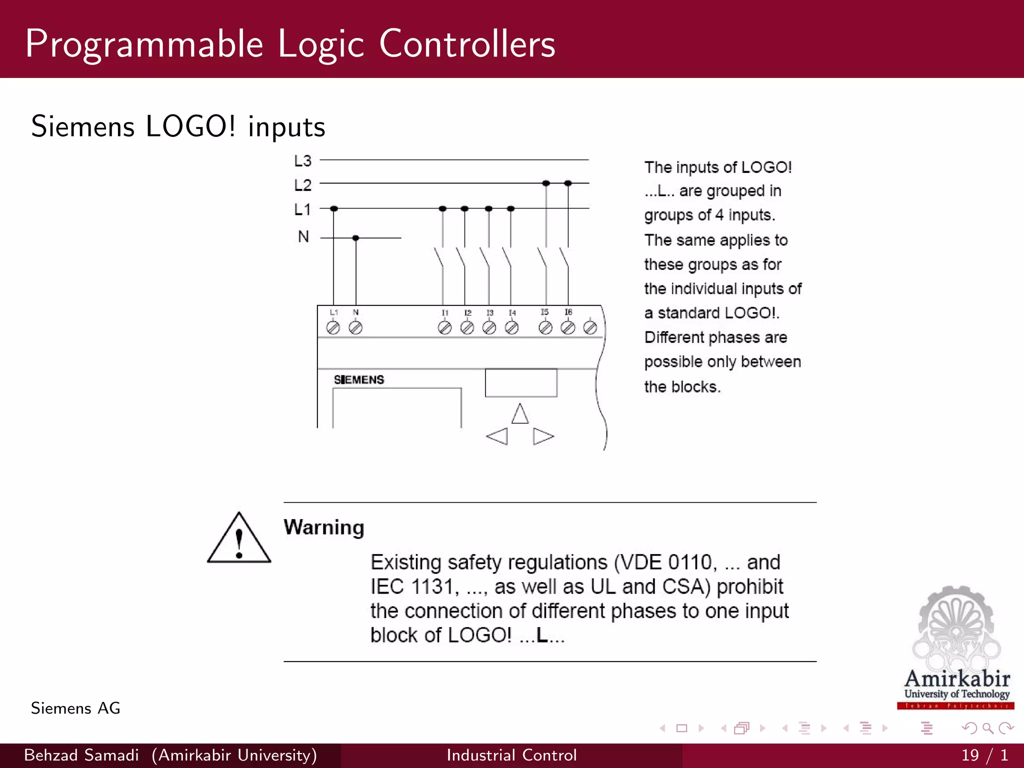 Programmable Logic Controllers
Siemens LOGO! inputs
Siemens AG
Behzad Samadi (Amirkabir University) Industrial Control 19 / 1
 