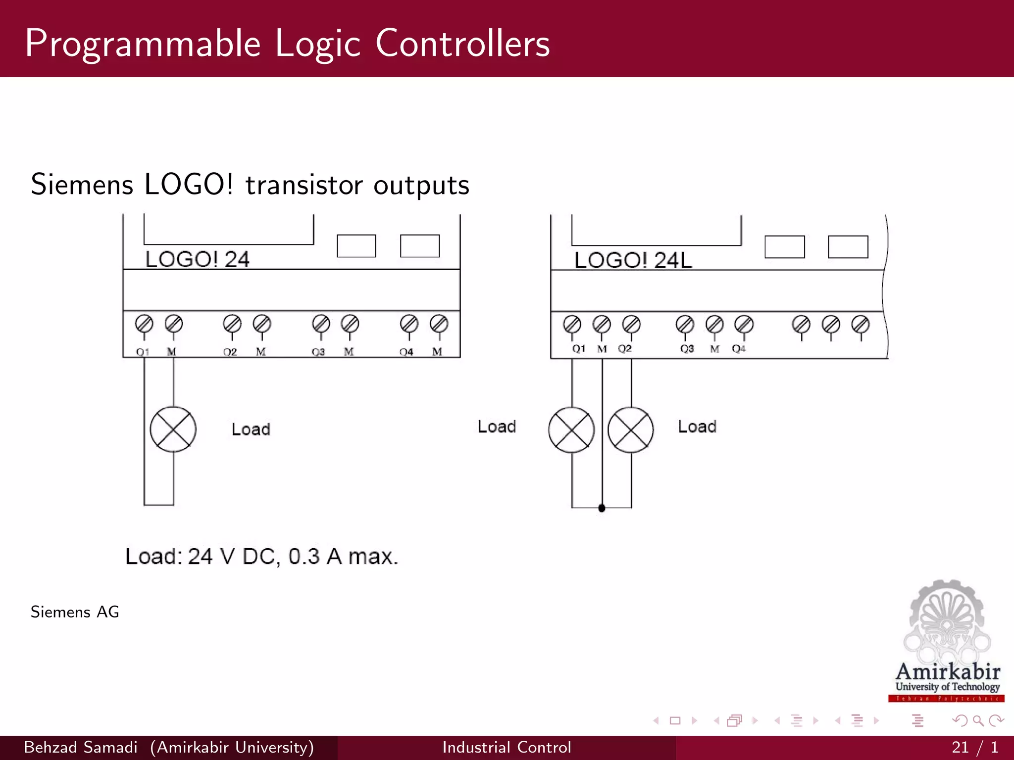Programmable Logic Controllers
Siemens LOGO! transistor outputs
Siemens AG
Behzad Samadi (Amirkabir University) Industrial Control 21 / 1
 