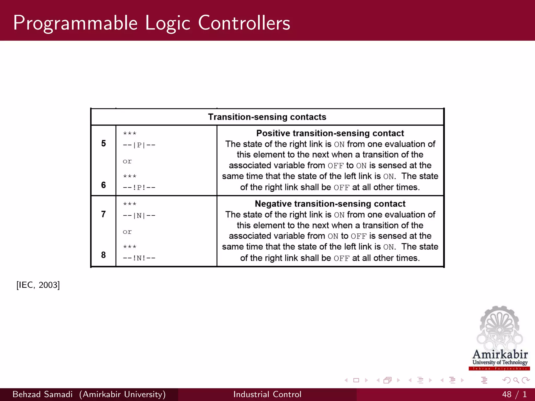 Programmable Logic Controllers
[IEC, 2003]
Behzad Samadi (Amirkabir University) Industrial Control 48 / 1
 