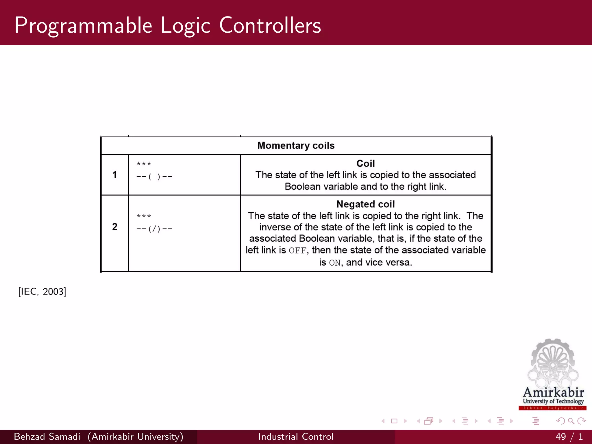 Programmable Logic Controllers
[IEC, 2003]
Behzad Samadi (Amirkabir University) Industrial Control 49 / 1
 