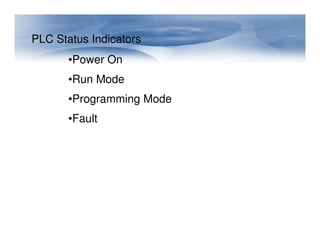 PLC Status Indicators
•Power On
•Run Mode
•Programming Mode
•Fault
•Fault
 