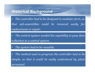 Historical Background
Historical Background
• The controller had to be designed in modular form, so
that sub-assemblies could be removed easily for
replacement or repair.
• The control system needed the capability to pass data
• The control system needed the capability to pass data
collection to a central system.
• The system had to be reusable.
• The method used to program the controller had to be
simple, so that it could be easily understood by plant
personnel.
 
