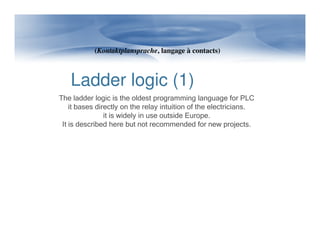 Ladder logic (1)
The ladder logic is the oldest programming language for PLC
it bases directly on the relay intuition of the electricians.
it is widely in use outside Europe.
It is described here but not recommended for new projects.
(Kontaktplansprache, langage à contacts)
It is described here but not recommended for new projects.
 