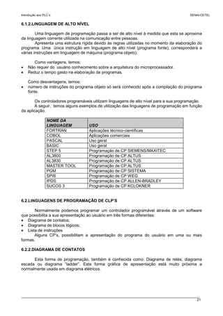 Introdução aos PLC´s SENAI-CETEL
21
6.1.2.LINGUAGEM DE ALTO NÍVEL
Uma linguagem de programação passa a ser de alto nível à medida que esta se aproxima
da linguagem corrente utilizada na comunicação entre pessoas.
Apresenta uma estrutura rígida devido às regras utilizadas no momento da elaboração do
programa. Uma única instrução em linguagem de alto nível (programa fonte), corresponderá a
várias instruções em linguagem de máquina (programa objeto).
Como vantagens, temos:
• Não requer do usuário conhecimento sobre a arquitetura do microprocessador.
• Reduz o tempo gasto na elaboração de programas.
Como desvantagens, temos:
• número de instruções do programa objeto só será conhecido após a compilação do programa
fonte.
Os controladores programáveis utilizam linguagens de alto nível para a sua programação.
À seguir, temos alguns exemplos de utilização das linguagens de programação em função
da aplicação.
NOME DA
LINGUAGEM USO
FORTRAN Aplicações técnico-científicas
COBOL Aplicações comerciais
PASCAL Uso geral
BASIC Uso geral
STEP 5 Programação de CP SIEMENS/MAXITEC
AL3800 Programação de CP ALTUS
AL3830 Programação de CP ALTUS
MASTER TOOL Programação de CP ALTUS
PGM Programação de CP SISTEMA
SPW Programação de CP WEG
IPDS Programação de CP ALLEN-BRADLEY
SUCOS 3 Programação de CP KCLOKNER
6.2.LINGUAGENS DE PROGRAMAÇÃO DE CLP’S
Normalmente podemos programar um controlador programável através de um software
que possibilita a sua apresentação ao usuário em três formas diferentes:
• Diagrama de contatos;
• Diagrama de blocos lógicos;
• Lista de instruções
Alguns CP’s, possibilitam a apresentação do programa do usuário em uma ou mais
formas.
6.2.2.DIAGRAMA DE CONTATOS
Esta forma de programação, também é conhecida como: Diagrama de relés; diagrama
escada ou diagrama “ladder”. Esta forma gráfica de apresentação está muito próxima a
normalmente usada em diagrama elétricos.
 