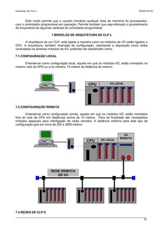 Introdução aos PLC´s SENAI-CETEL
25
Este modo permite que o usuário monitore qualquer área de memória do processador,
com o controlador programável em operação. Permite também que seja efetuado o procedimento
de forçamento de algumas variáveis do controlador programável.
7.MODELOS DE ARQUITETURA DE CLP’s
A arquitetura de um CLP, está ligada a maneira como os módulos de I/O estão ligados a
CPU. A arquitetura, também chamada de configuração, representa a disposição como estão
conectados os diversos módulos de I/O, podendo ser classificado como:
7.1.CONFIGURAÇÃO LOCAL
Entende-se como configuração local, aquela em que os módulos I/O, estão montados no
mesmo rack da CPU ou a no máximo 15 metros de distância do mesmo.
7.2.CONFIGURAÇÃO REMOTA
Entende-se como configuração emota, aquela em que os módulos I/O, estão montados
fora do rack da CPU em distâncias acima de 15 metros. Para tal finalidade são necessários
módulos especiais para interligação de racks remotos. A distância máxima para este tipo de
configuração gira em torno de 200 a 3600 metros.
7.3.REDES DE CLP’S
CPU I/O LOCAL
CPU I/O LOCAL
I/O
REMOTO
REDE REMOTA
DE I/O
 