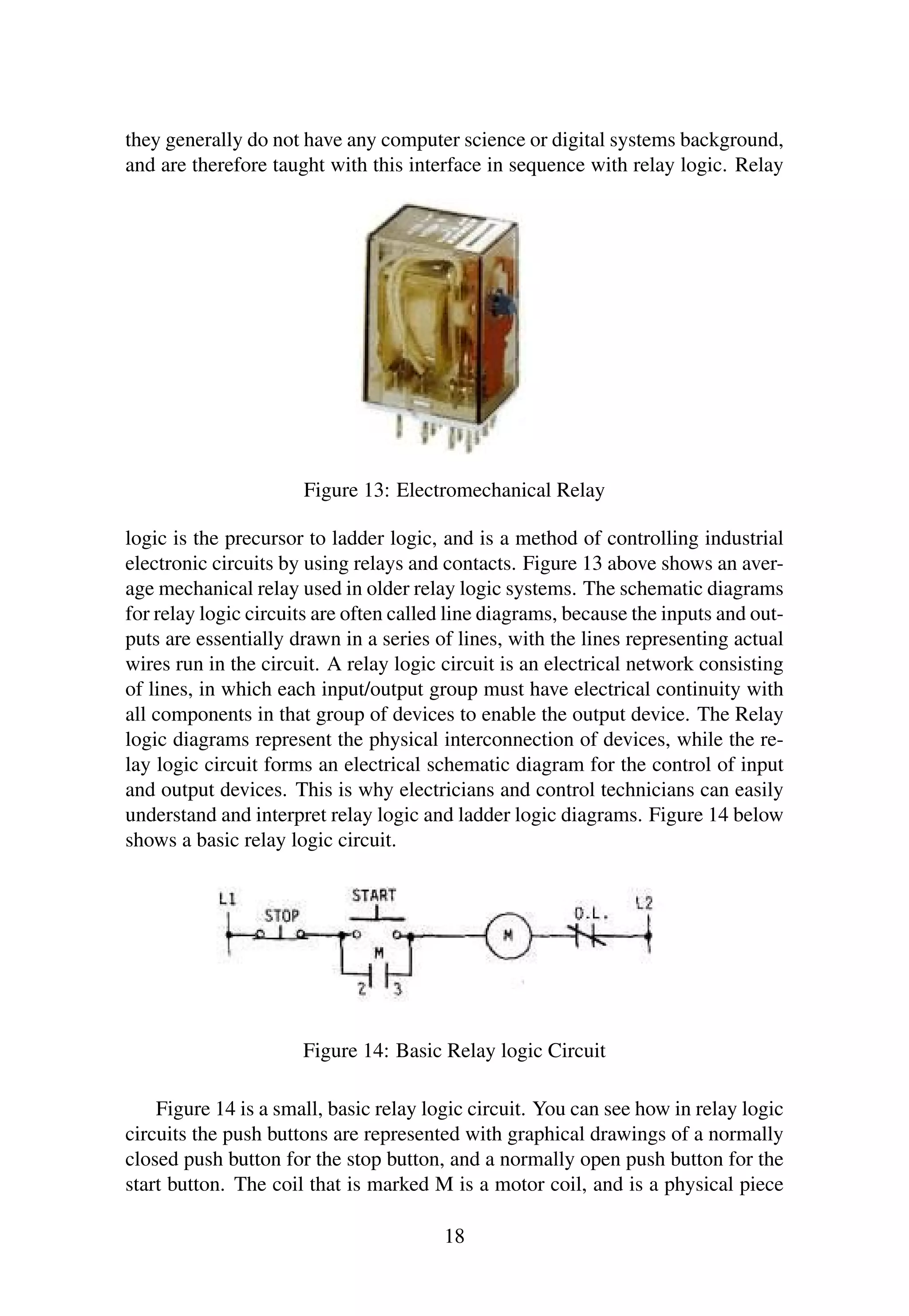 they generally do not have any computer science or digital systems background,
and are therefore taught with this interface in sequence with relay logic. Relay
Figure 13: Electromechanical Relay
logic is the precursor to ladder logic, and is a method of controlling industrial
electronic circuits by using relays and contacts. Figure 13 above shows an aver-
age mechanical relay used in older relay logic systems. The schematic diagrams
for relay logic circuits are often called line diagrams, because the inputs and out-
puts are essentially drawn in a series of lines, with the lines representing actual
wires run in the circuit. A relay logic circuit is an electrical network consisting
of lines, in which each input/output group must have electrical continuity with
all components in that group of devices to enable the output device. The Relay
logic diagrams represent the physical interconnection of devices, while the re-
lay logic circuit forms an electrical schematic diagram for the control of input
and output devices. This is why electricians and control technicians can easily
understand and interpret relay logic and ladder logic diagrams. Figure 14 below
shows a basic relay logic circuit.
Figure 14: Basic Relay logic Circuit
Figure 14 is a small, basic relay logic circuit. You can see how in relay logic
circuits the push buttons are represented with graphical drawings of a normally
closed push button for the stop button, and a normally open push button for the
start button. The coil that is marked M is a motor coil, and is a physical piece
18
 