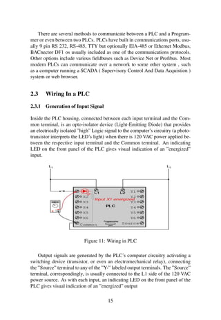 There are several methods to communicate between a PLC and a Program-
mer or even between two PLCs. PLCs have built in communications ports, usu-
ally 9 pin RS 232, RS-485, TTY but optionally EIA-485 or Ethernet Modbus,
BACnector DF1 os usually included as one of the communications protocols.
Other options include various ﬁeldbuses such as Device Net or Proﬁbus. Most
modern PLCs can communicate over a network to some other system , such
as a computer running a SCADA ( Supervisory Control And Data Acquistion )
system or web browser.
2.3 Wiring In a PLC
2.3.1 Generation of Input Signal
Inside the PLC housing, connected between each input terminal and the Com-
mon terminal, is an opto-isolator device (Light-Emitting Diode) that provides
an electrically isolated ”high” Logic signal to the computer’s circuitry (a photo-
transistor interprets the LED’s light) when there is 120 VAC power applied be-
tween the respective input terminal and the Common terminal. An indicating
LED on the front panel of the PLC gives visual indication of an ”energized”
input.
Figure 11: Wiring in PLC
Output signals are generated by the PLC’s computer circuitry activating a
switching device (transistor, or even an electromechanical relay), connecting
the ”Source” terminal to any of the ”Y-” labeled output terminals. The ”Source”
terminal, correspondingly, is usually connected to the L1 side of the 120 VAC
power source. As with each input, an indicating LED on the front panel of the
PLC gives visual indication of an ”energized” output
15
 