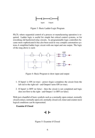 Figure 3: Basic Ladder Logic Program 
PLCS, where sequential control of a process or manufacturing operation is re-quired. 
Ladder logic is useful for simple but critical control systems, or for 
reworking old hardwired relay circuits. As programmable logic controllers be-came 
more sophisticated it has also been used in very complex automation sys-tems. 
A simplified ladder logic circuit with one input and one output. The logic 
of the rung above is such: 
Figure 4: Basic Program to show input and output 
1. If Input1 is ON (or true) - power (logic) completes the circuit from the 
left rail to the right rail - and Output1 turns ON (or true). 
2. If Input1 is OFF (or false) - then the circuit is not completed and logic 
does not flow to the right - and Output 1 is OFF (or false). 
With just a handful of basic symbols such as a normally open contact, normally 
closed contact, normally open coil, normally closed coil, timer and counter most 
logical conditions can be represented. 
Examine if Closed 
Figure 5: Examine if Closed 
6 
 