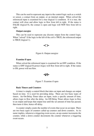 This can be used to represent any input to the control logic such as a switch 
or sensor, a contact from an output, or an internal output. When solved the 
referenced input is examined for a true (logical 1) condition. If it is true, the 
contact will close and allow logic to flow from left to right. If the status is 
FALSE (logical 0), the contact is open and logic will NOT flow from left to 
right. 
Output energize 
This can be used to represent any discrete output from the control logic. 
When ”solved” if the logic to the left of the coil is TRUE, the referenced output 
is TRUE (logical 1). 
Figure 6: Output energize 
Examine if open 
When solved the referenced input is examined for an OFF condition. If the 
status is OFF (logical 0) power (logic) will flow from left to right. If the status 
is ON, power will not flow. 
Figure 7: Examine if open 
Basic Timers and Counters 
A timer is simply a control block that takes an input and changes an output 
based on time. It is used for providing delay. There are two basic types of 
timers. An On-Delay Timer takes an input, waits a specific amount of time, 
allows logic to flow after the delay. An Off-Delay Timer allows logic to flow 
to an output and keeps that output true until the set amount of time has passed, 
then turns it false, hence off-delay. 
A counter simply counts the number of events that occur on an input. There 
are two basic types of counters called up counters and down counters. As its 
name implies, whenever a triggering event occurs, an up counter increments the 
counter, while a down counter decrements the counter whenever a triggering 
event occurs. 
7 
 