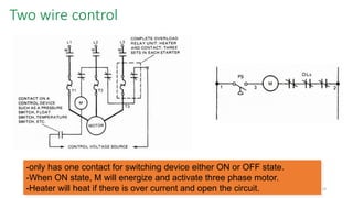 114 
Two wire control 
-only has one contact for switching device either ON or OFF state. 
-When ON state, M will energize and activate three phase motor. 
-Heater will heat if there is over current and open the circuit.  