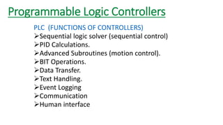 Programmable Logic Controllers 
PLC (FUNCTIONS OF CONTROLLERS) 
Sequential logic solver (sequential control) 
PID Calculations. 
Advanced Subroutines (motion control). 
BIT Operations. 
Data Transfer. 
Text Handling. 
Event Logging 
Communication 
Human interface  