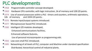 PLC developments 
 1968Programmable controller concept developed. 
 1969Hardware CPU controller, with logic instruction, 1k of memory and 128 I/O points. 
 1974Use of several processors within a PLC –timers and counters, arithmetic operations, 12k of memory and 1024 I/O points. 
 1976Remote input/output systems introduced. 
 1977Microprocessor-based PLC introduced. 
 1980Intelligent I/O modules developed, 
Enhanced communications facilities, 
Enhanced software features, 
Use of personal microcomputer as programming aids. 
 1983Low-cost small PLC introduced. 
 1985Networking of all levels of PLC, computer and Machine under standard specification 
 Distributed, hierarchical control of industrial plants.  