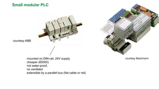 Small modular PLC 
mounted on DIN-rail, 24V supply 
cheaper (€5000) 
not water-proof, 
no ventilator 
extensible by a parallel bus (flat cable or rail) 
courtesy ABB 
courtesy Backmann  