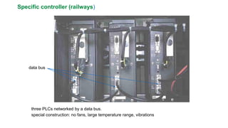 Specific controller (railways) 
data bus 
special construction: no fans, large temperature range, vibrations 
three PLCs networked by a data bus.  