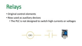 CR1 
CR1-1 
Relays 
• Original control elements 
• Now used as auxiliary devices 
• The PLC is not designed to switch high currents or voltages 
 