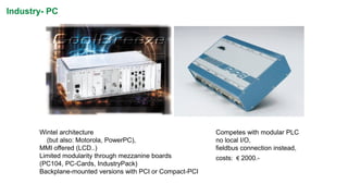 Industry-PC 
Wintel architecture 
(but also: Motorola, PowerPC), 
MMI offered (LCD..) 
Limited modularity through mezzanine boards 
(PC104, PC-Cards, IndustryPack) 
Backplane-mounted versions with PCI or Compact-PCI 
Competes with modular PLC 
no local I/O, 
fieldbus connection instead, 
courtesy INOVA 
courtesy MPI 
costs: €2000.-  