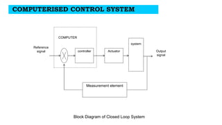 COMPUTERISED CONTROL SYSTEM 
Reference signal 
controller 
Actuator 
system 
Output signal 
COMPUTER 
Measurement element 
Block Diagram of Closed Loop System  