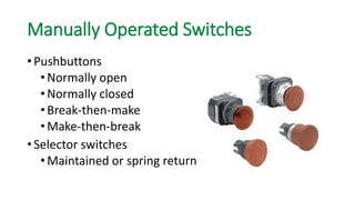 Manually Operated Switches 
•Pushbuttons 
•Normally open 
•Normally closed 
•Break-then-make 
•Make-then-break 
•Selector switches 
•Maintained or spring return  